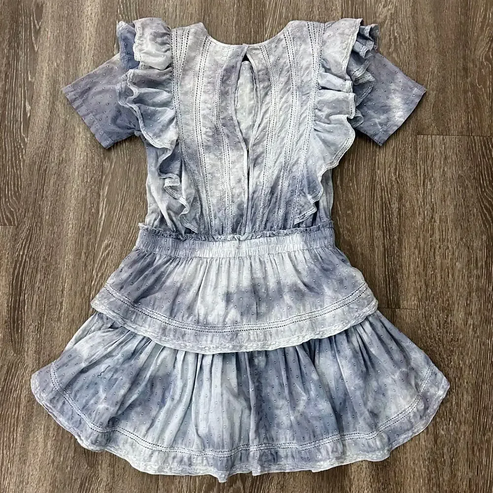 LoveShackFancy Natasha Mini Dress Washed Denim Blue Ruffle Sz Large - Picture 7 of 15
